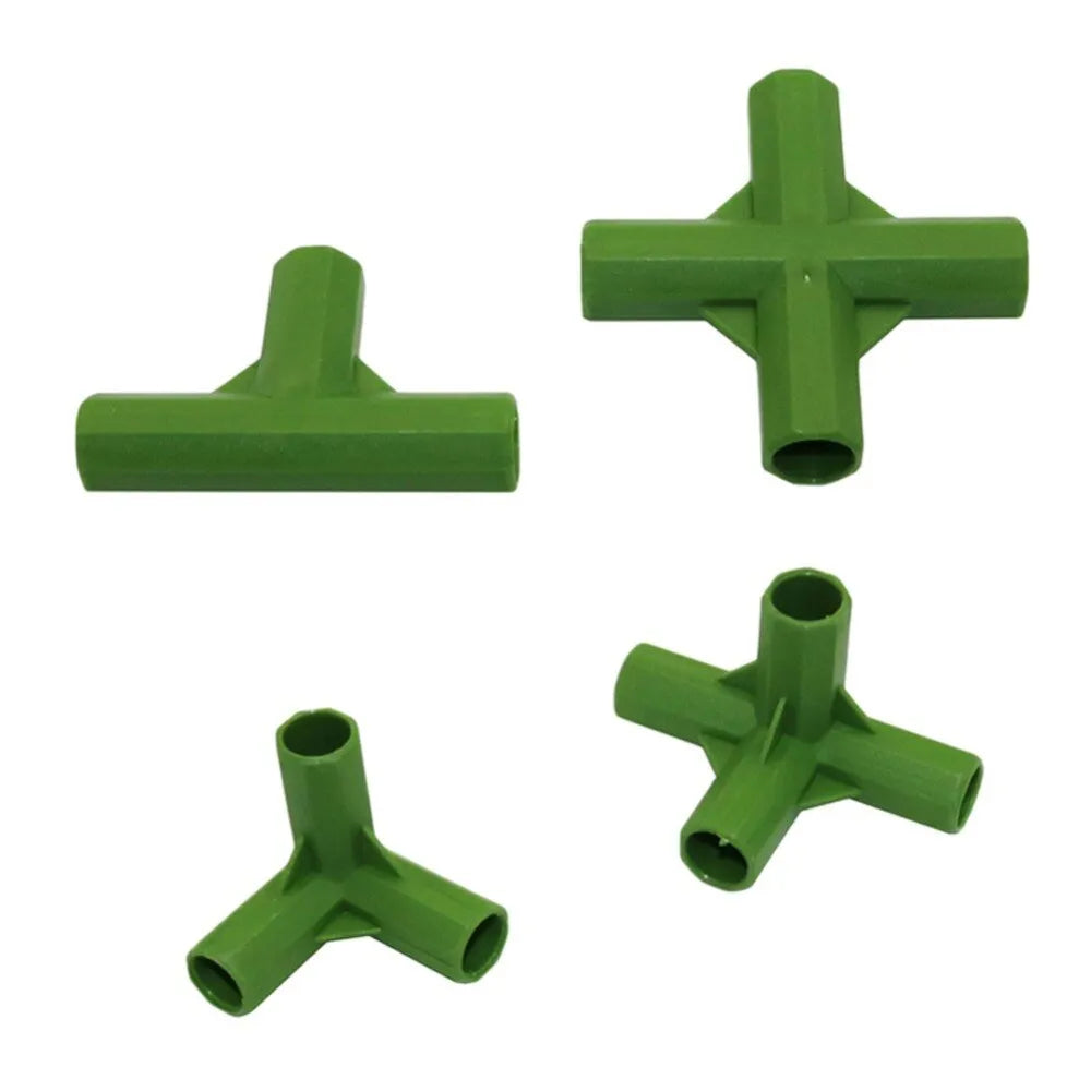 Two white plastic garden connectors, a three-way and a four-way joint, for 11mm plant support poles.