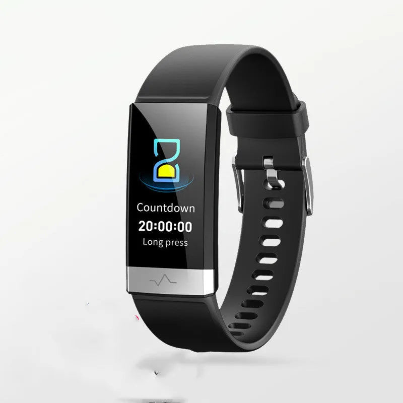 V19 smart health bracelet in black on wrist showing display with ECG, SpO2, and heart rate data.