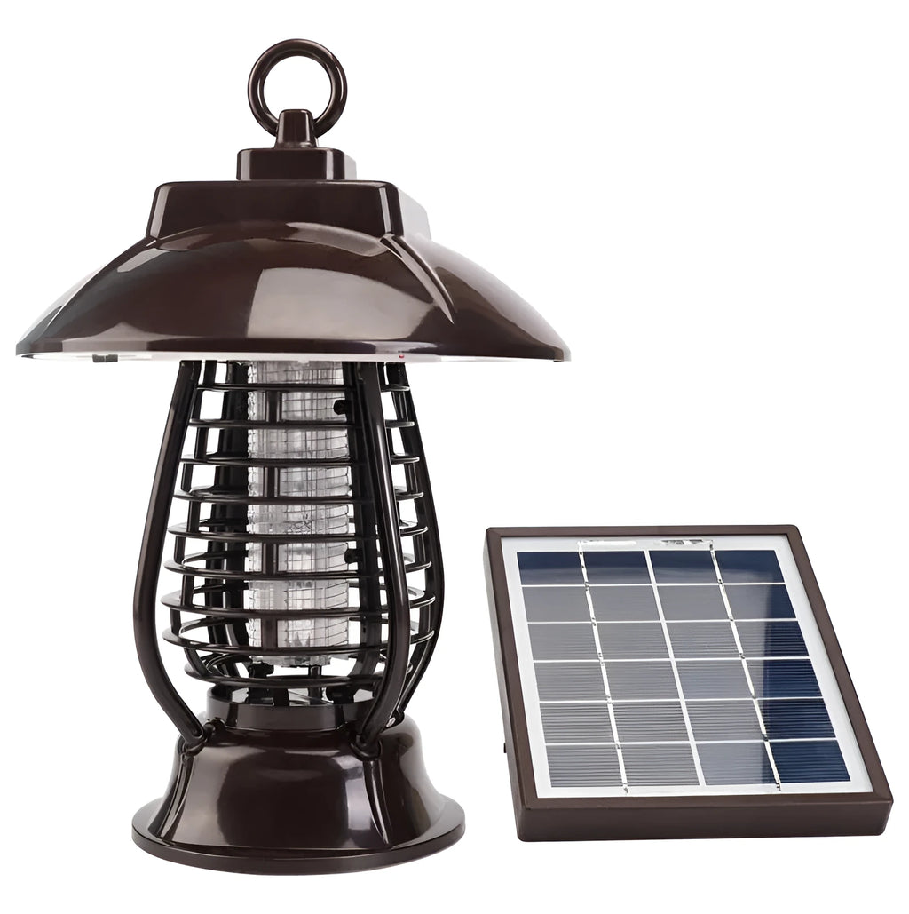 White outdoor solar mosquito lamp with purple switch and solar panel on top for garden insect control.