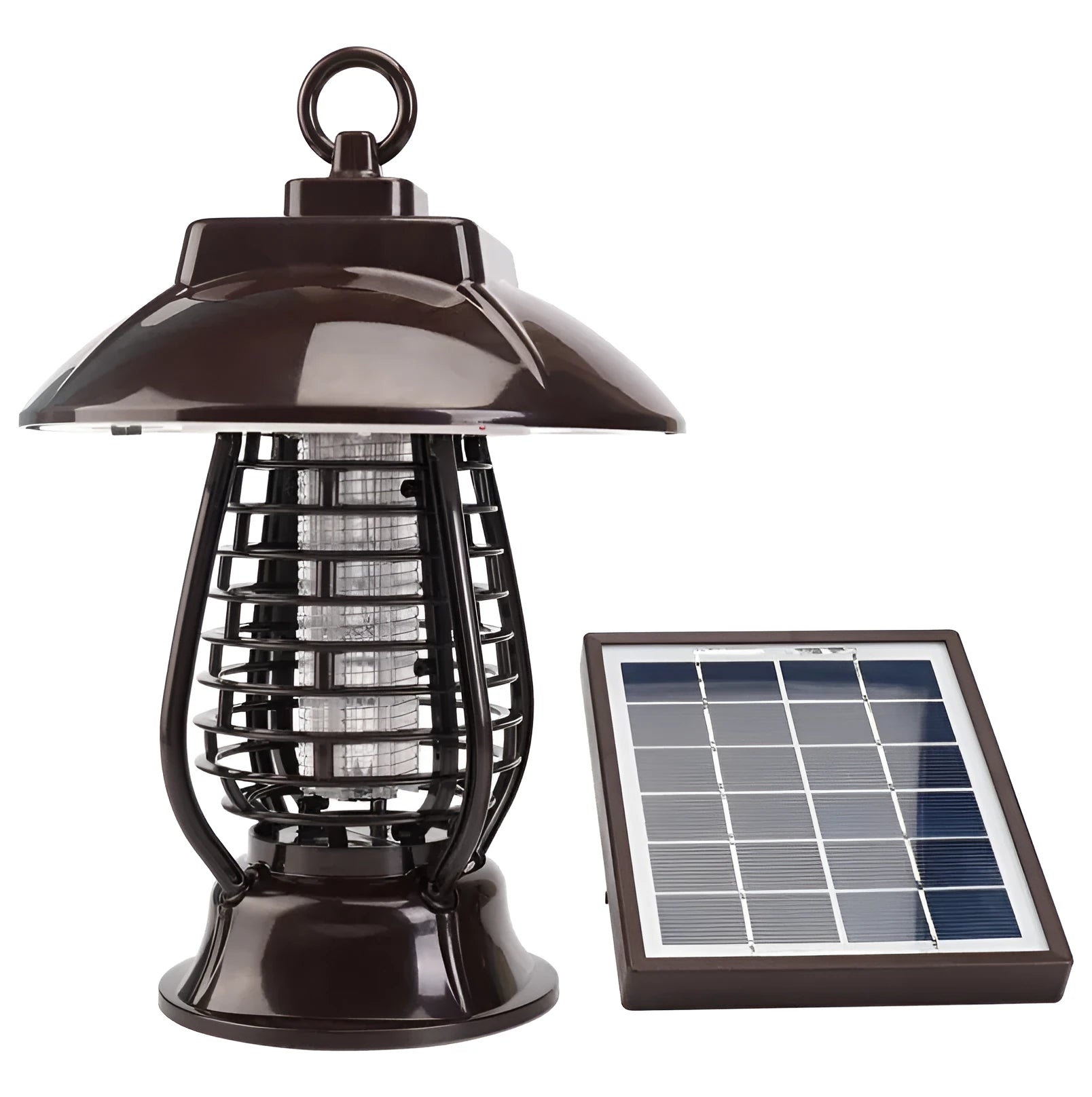 White outdoor solar mosquito lamp with purple switch and solar panel on top for garden insect control.