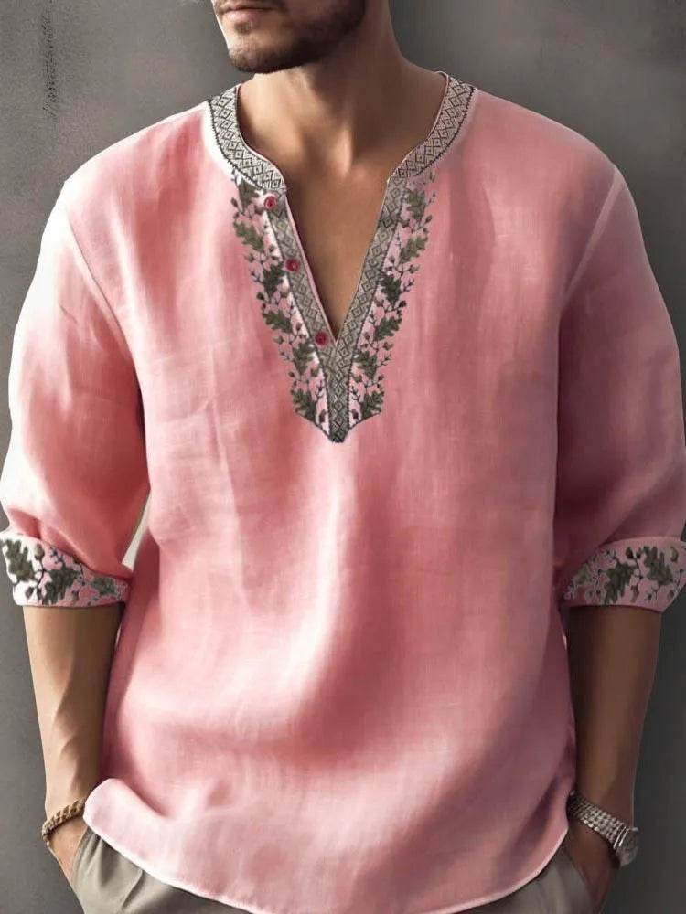 British style short sleeve shirt with 3D digital thermal transfer striped pattern on bamboo hemp fabric