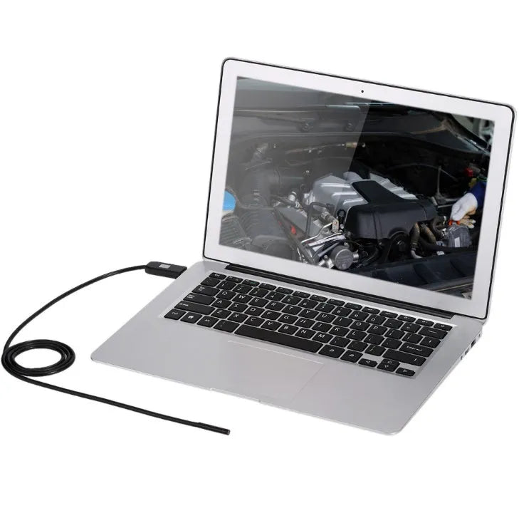 OWSOO USB endoscope camera with 5m cable, small hook, magnet, and side audition tools on a table.
