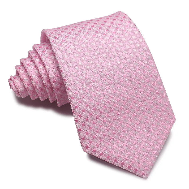 Men's red and black striped polyester jacquard tie with an arrow shape laid flat
