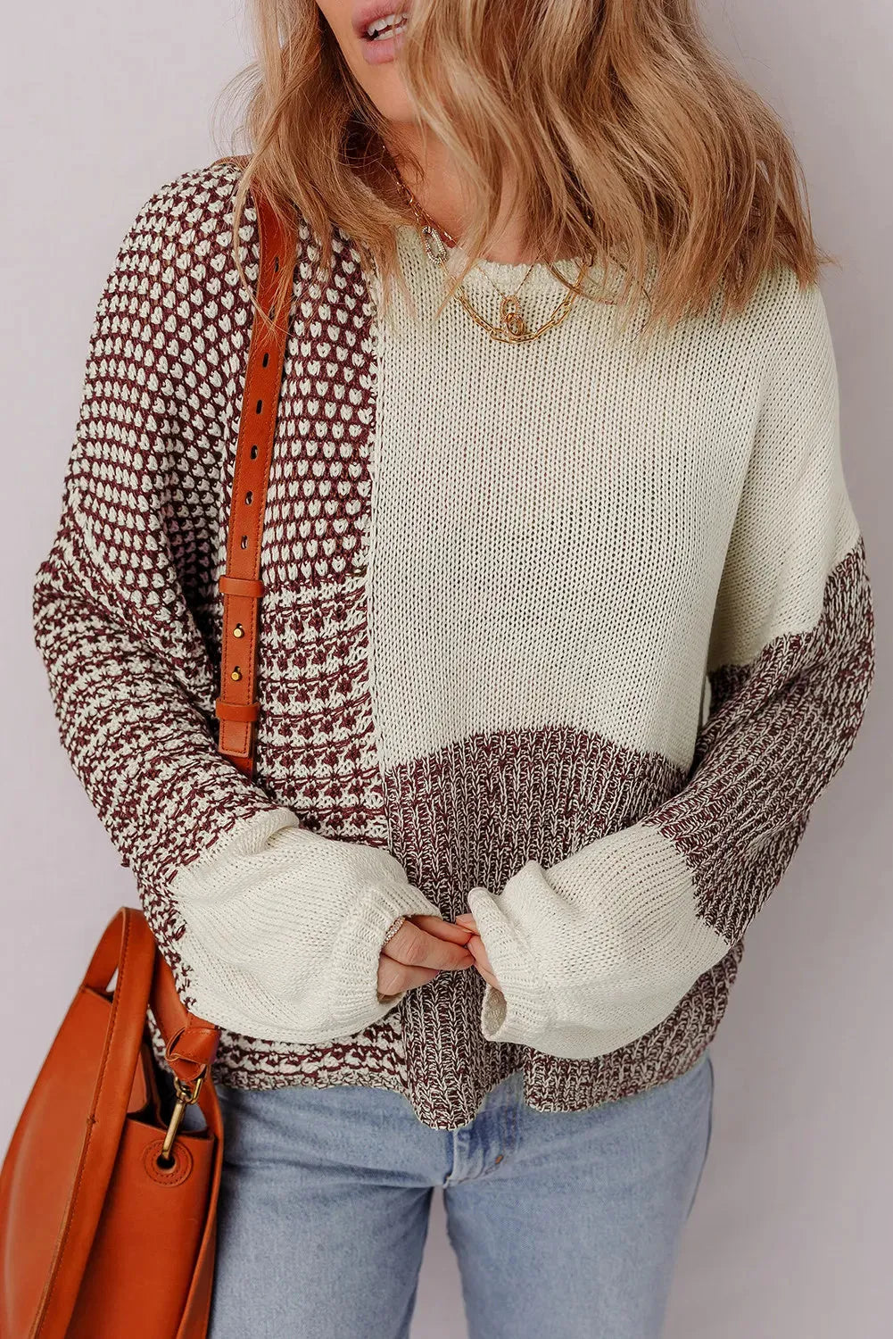 Dark khaki colour block drop shoulder sweater with long sleeves and a back tie.