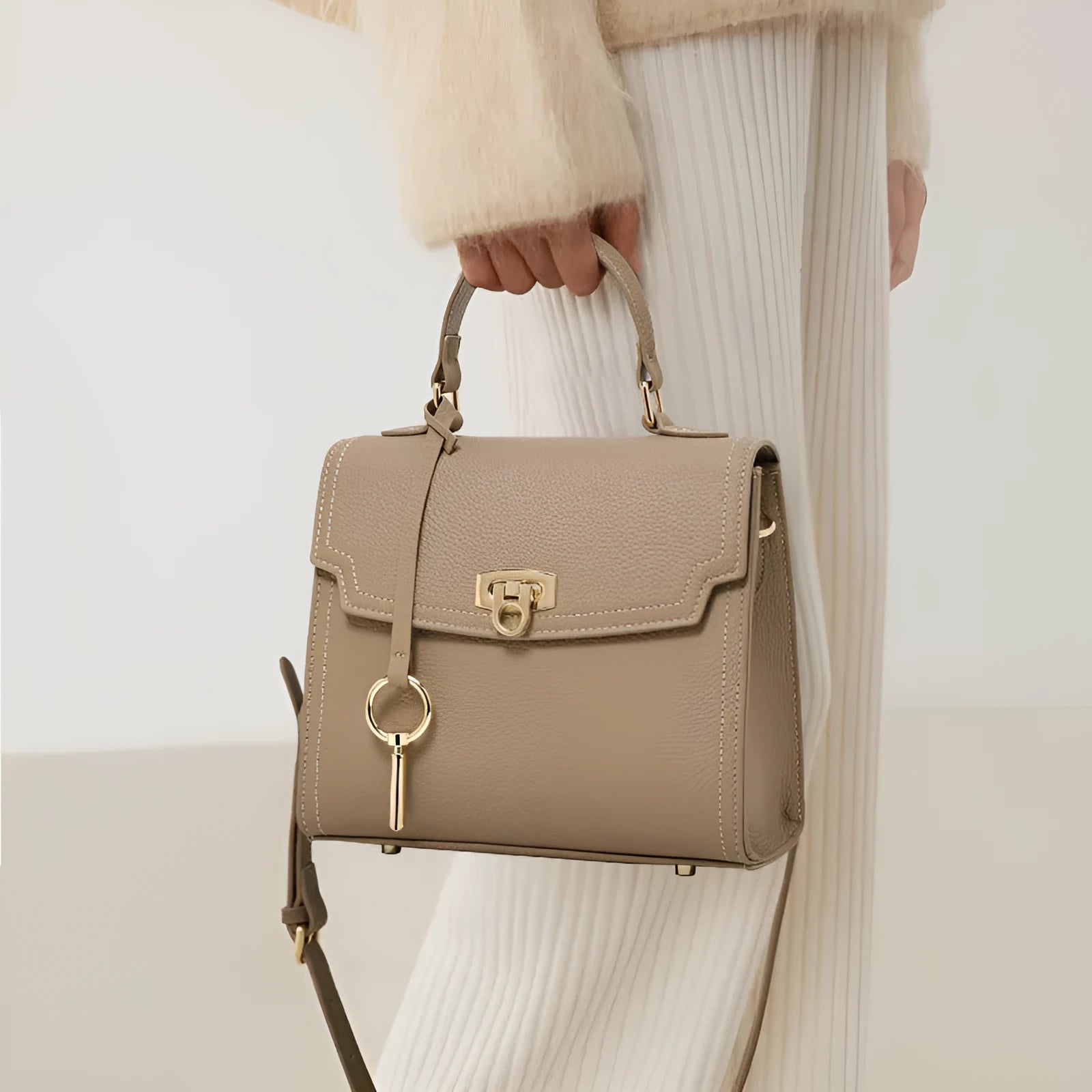 Elephant grey genuine leather vintage handbag with lock closure and square vertical design