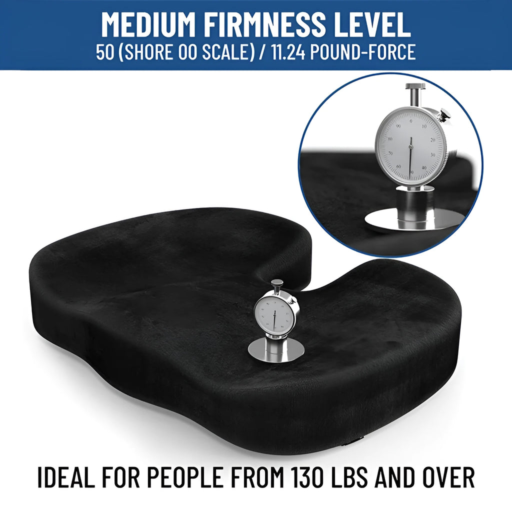 Black flannel U-shaped memory foam seat cushion measuring 46 by 36 centimetres
