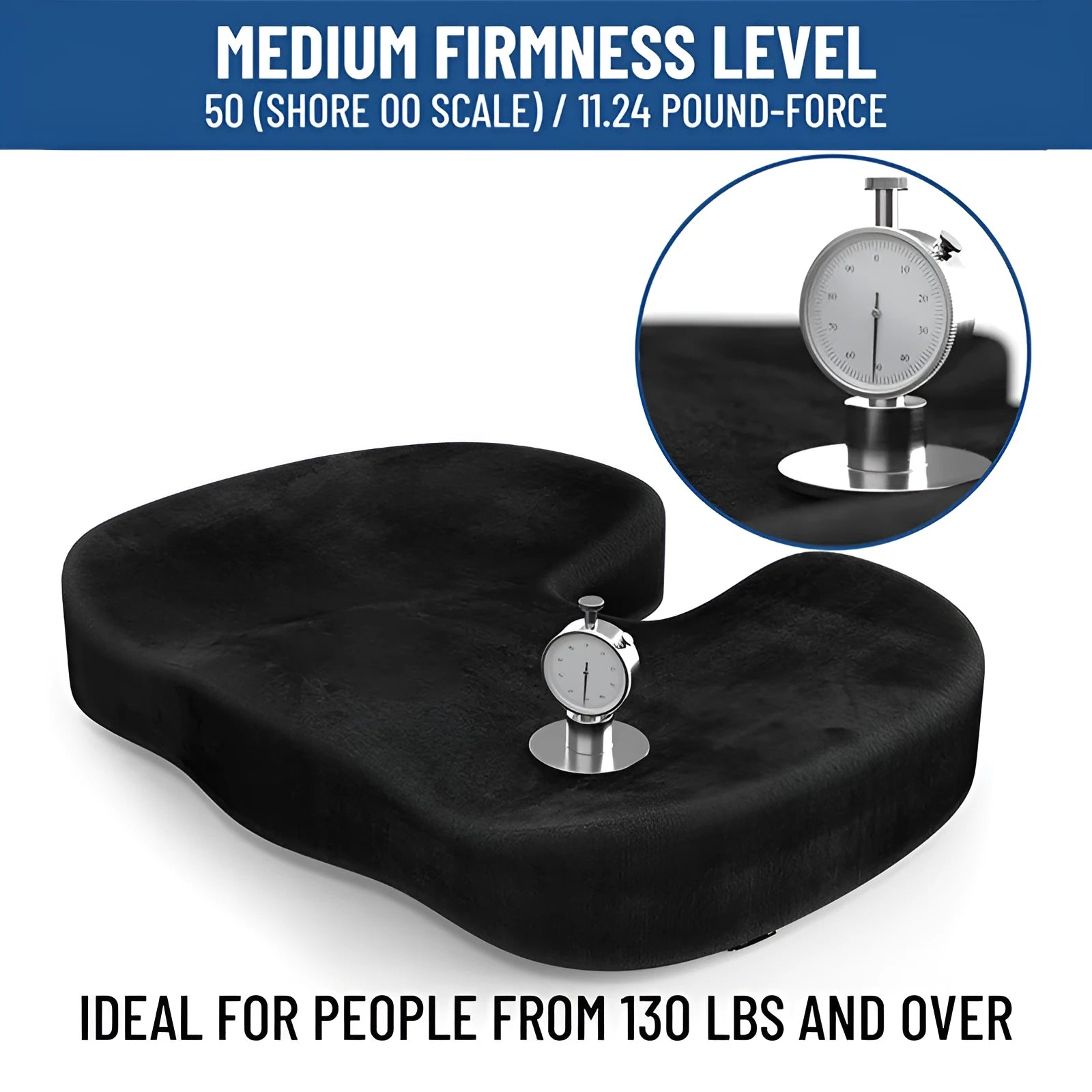 Black flannel U-shaped memory foam seat cushion measuring 46 by 36 centimetres
