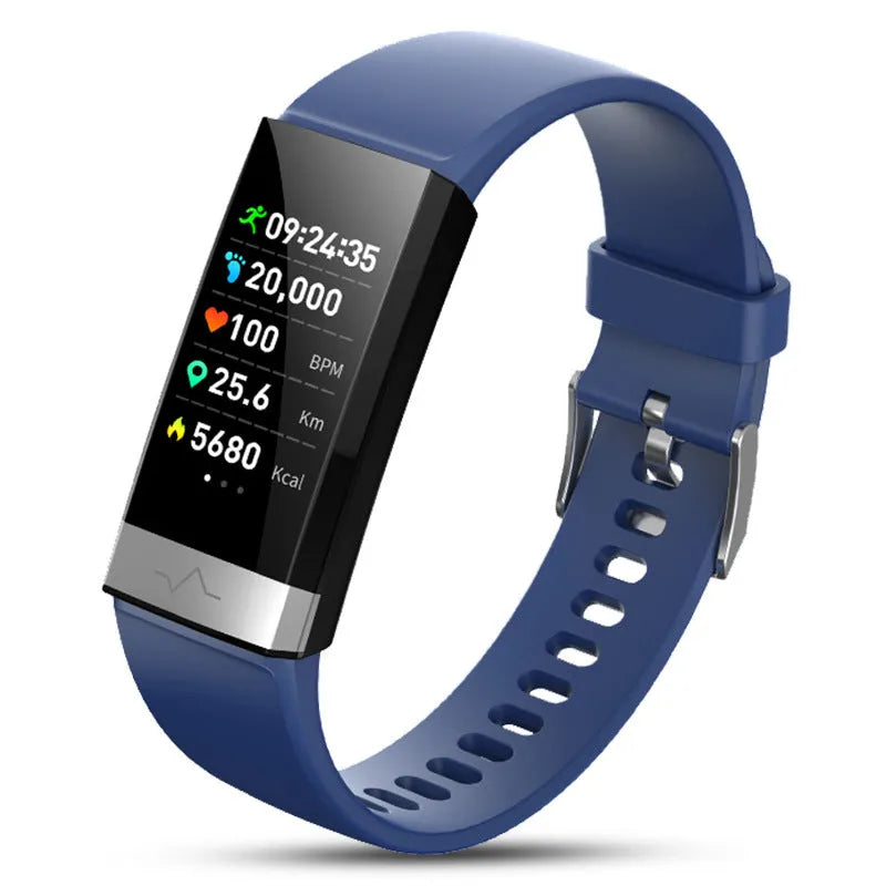 V19 smart health bracelet in black on wrist showing display with ECG, SpO2, and heart rate data.