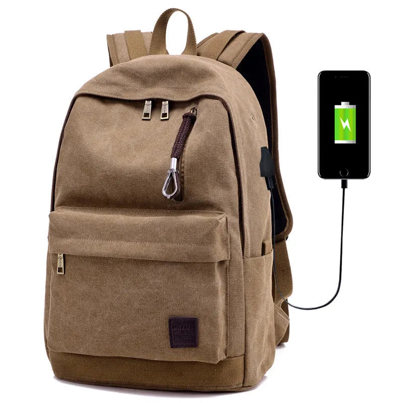 Canvas backpack with USB charging port showing multiple compartments including laptop section