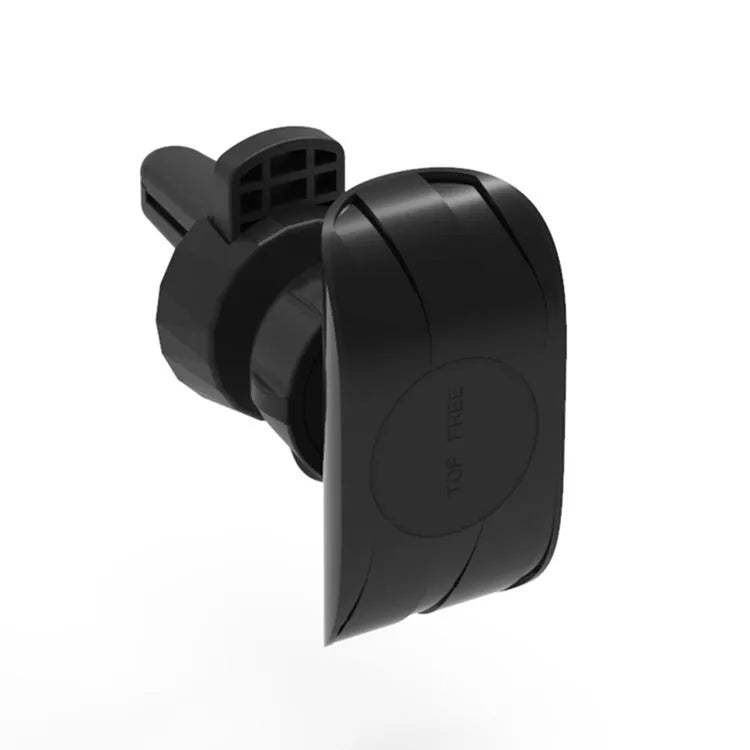 Glossy black car phone holder mounted on vehicle air vent holding smartphone