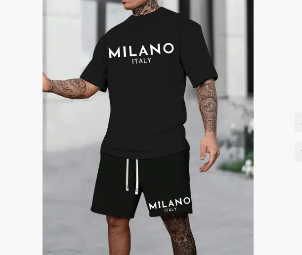Round neck short sleeve polyester suit set with matching shorts in five colour options