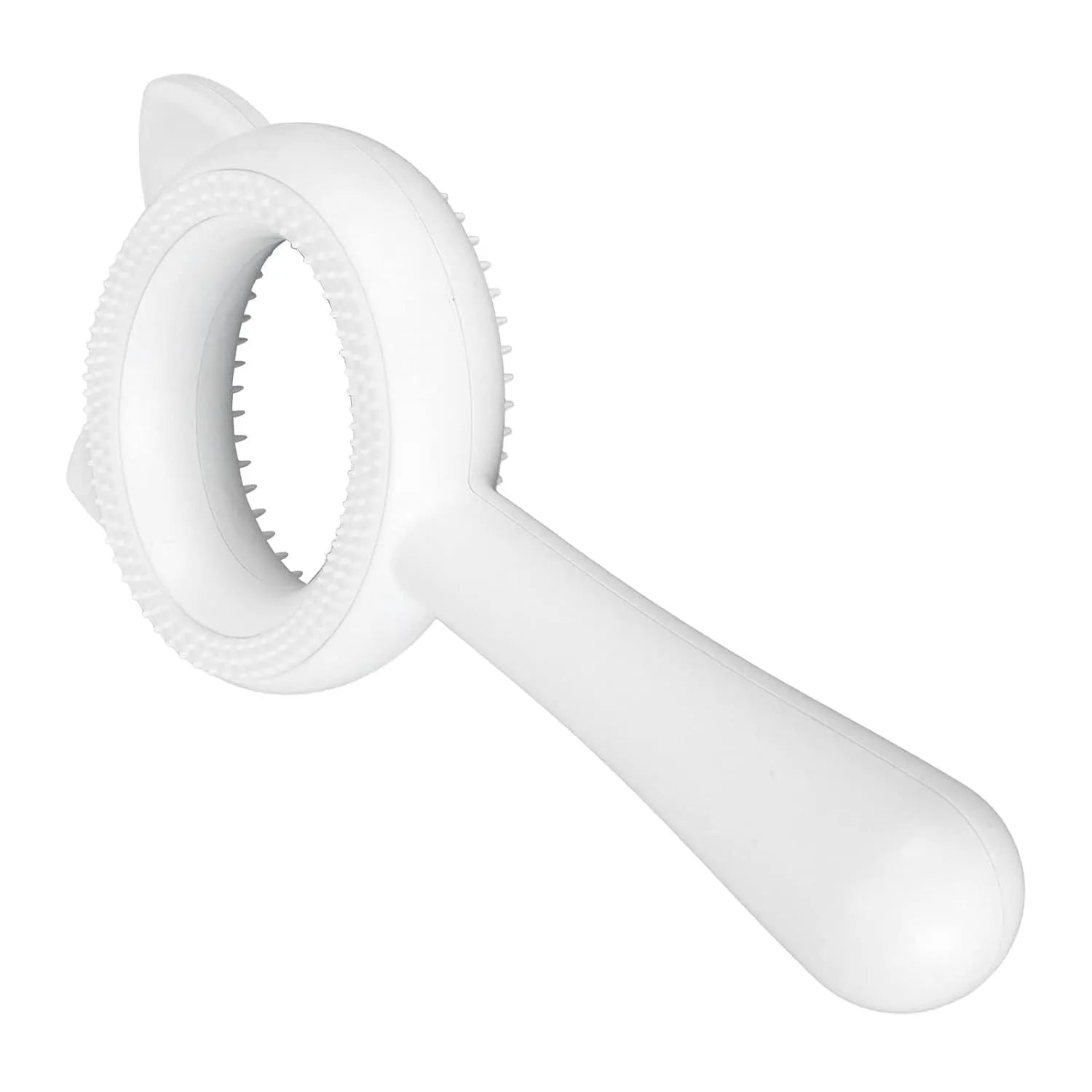 Blue and white double-sided pet grooming brush with quick-clean button and ergonomic handle for cats and dogs