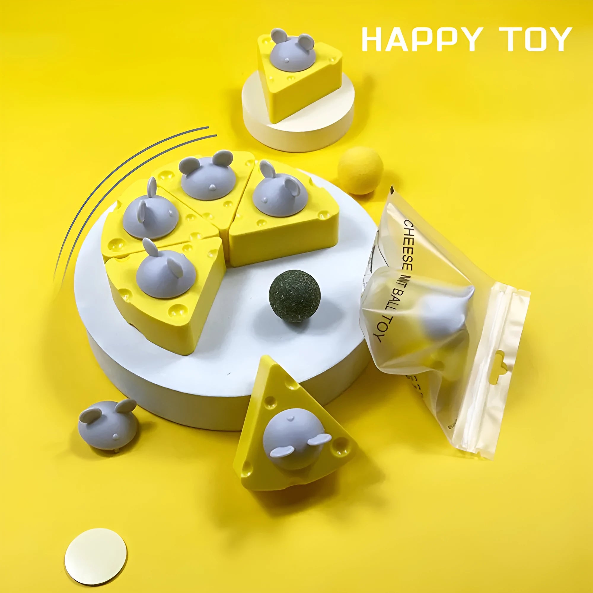 Five yellow catnip and silvervine chew toy balls for cats on a white background.