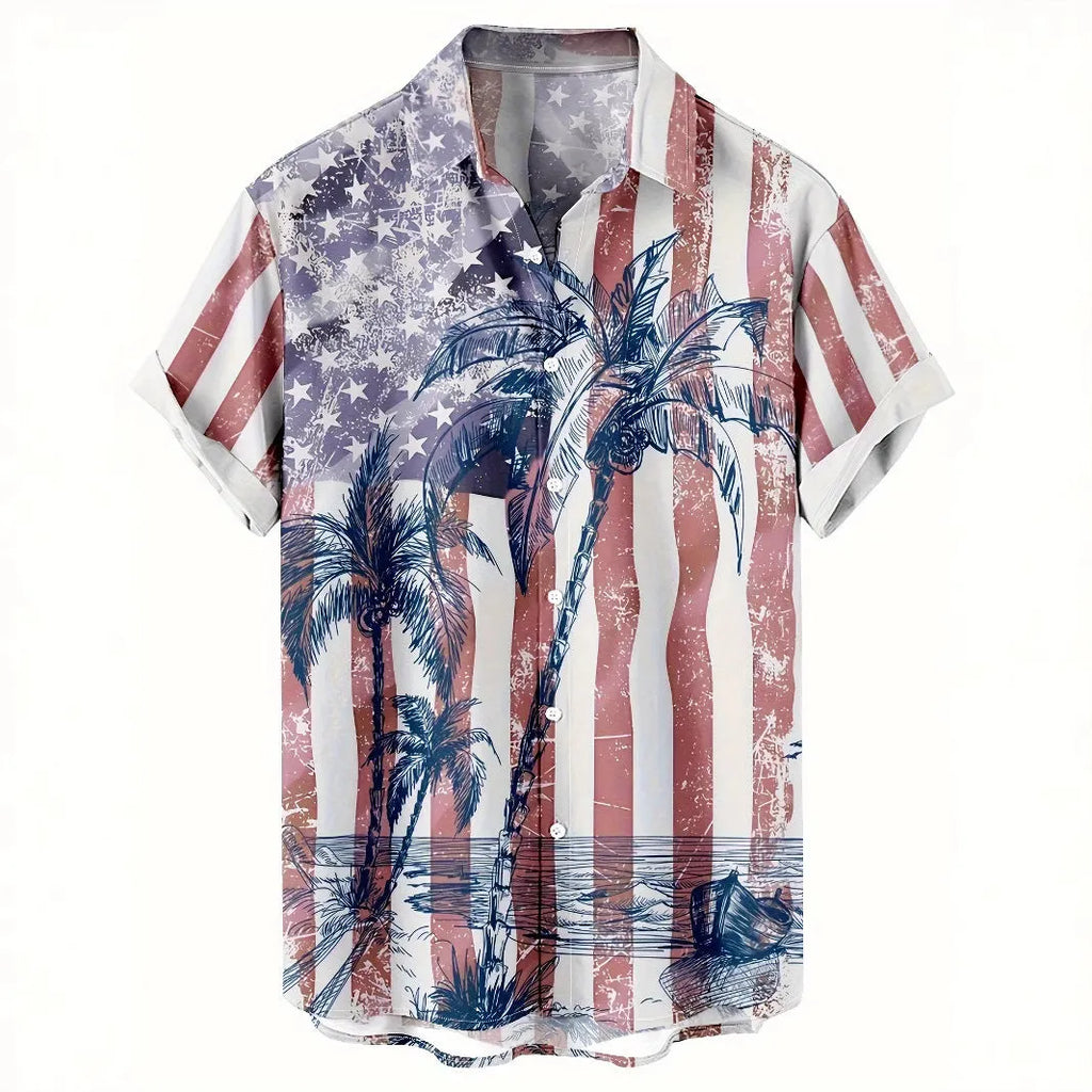 Men's flower pattern short sleeve cardigan shirt loose fit polyester summer top