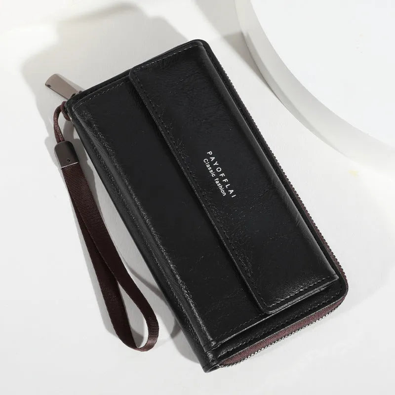 Men's black PU leather long wallet with multiple card slots, shown with dimensions.