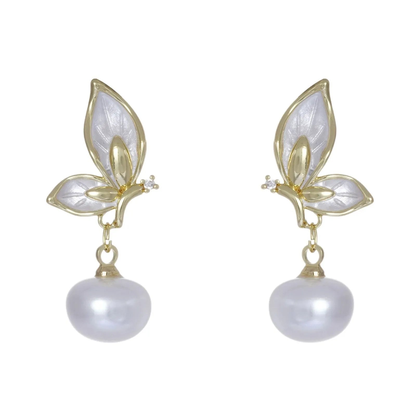Gold-tone butterfly earrings with zircon painting detail on copper wings