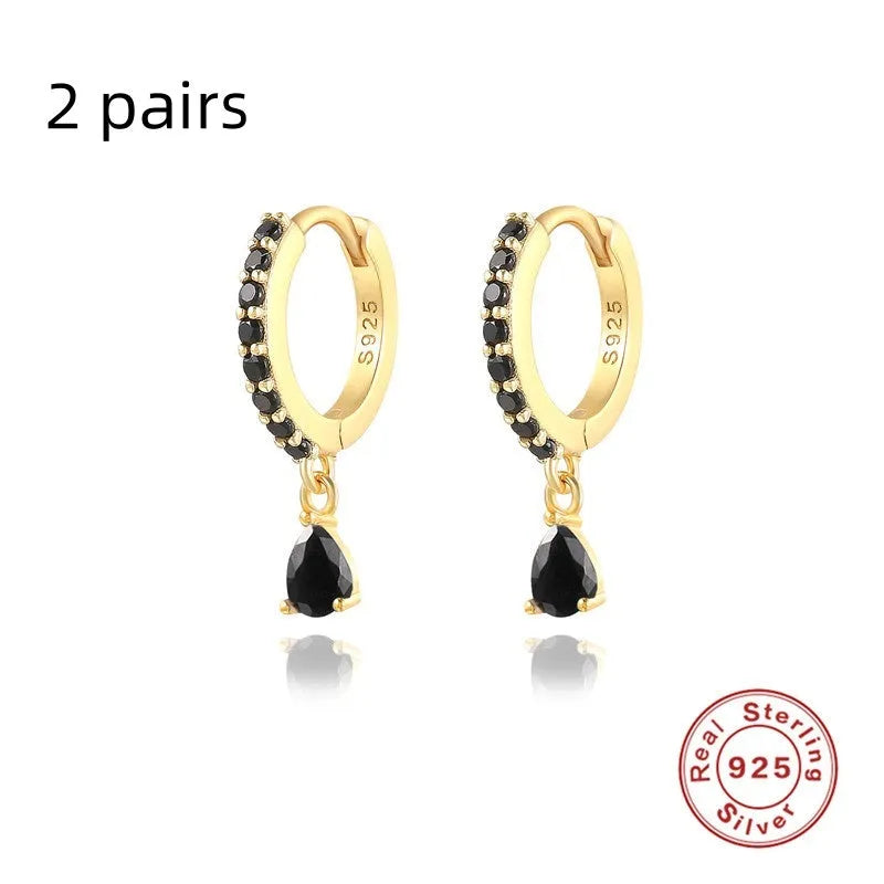 S925 sterling silver geometric water drop earrings with electroplated finish and gemstone accents
