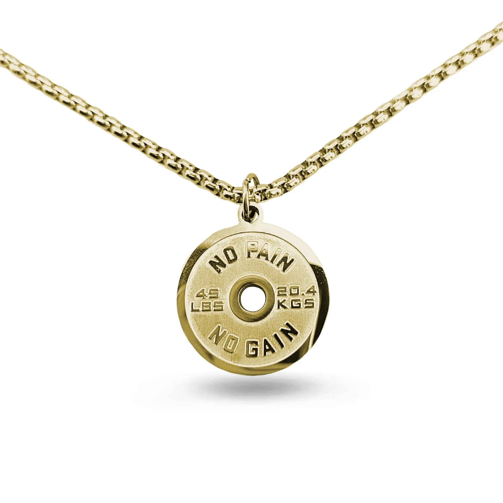 Polished stainless steel barbell disk necklace with geometric pendant on 60cm chain