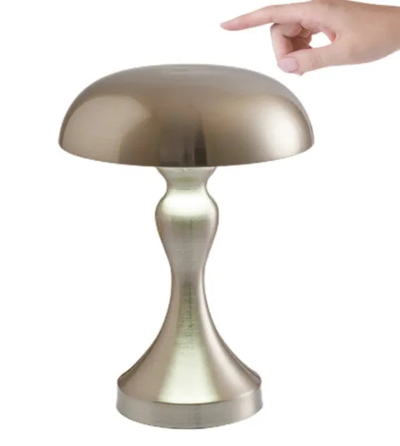 Metallic USB-rechargeable LED desk lamp with touch control for three light colours on a wooden desk.