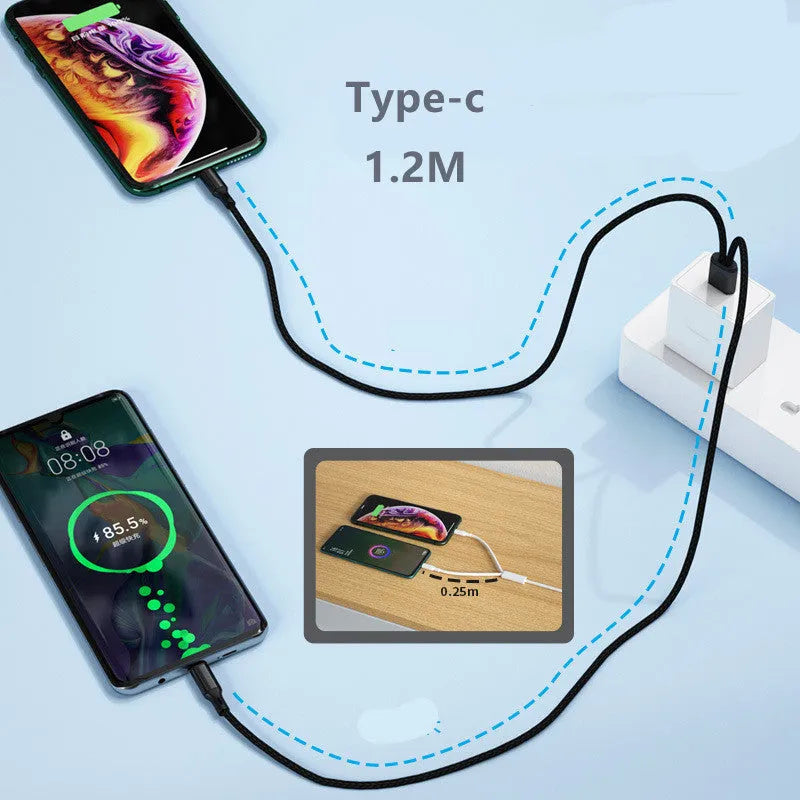 Black braided two-in-one charging cable with two Android connectors for fast 5A charging.