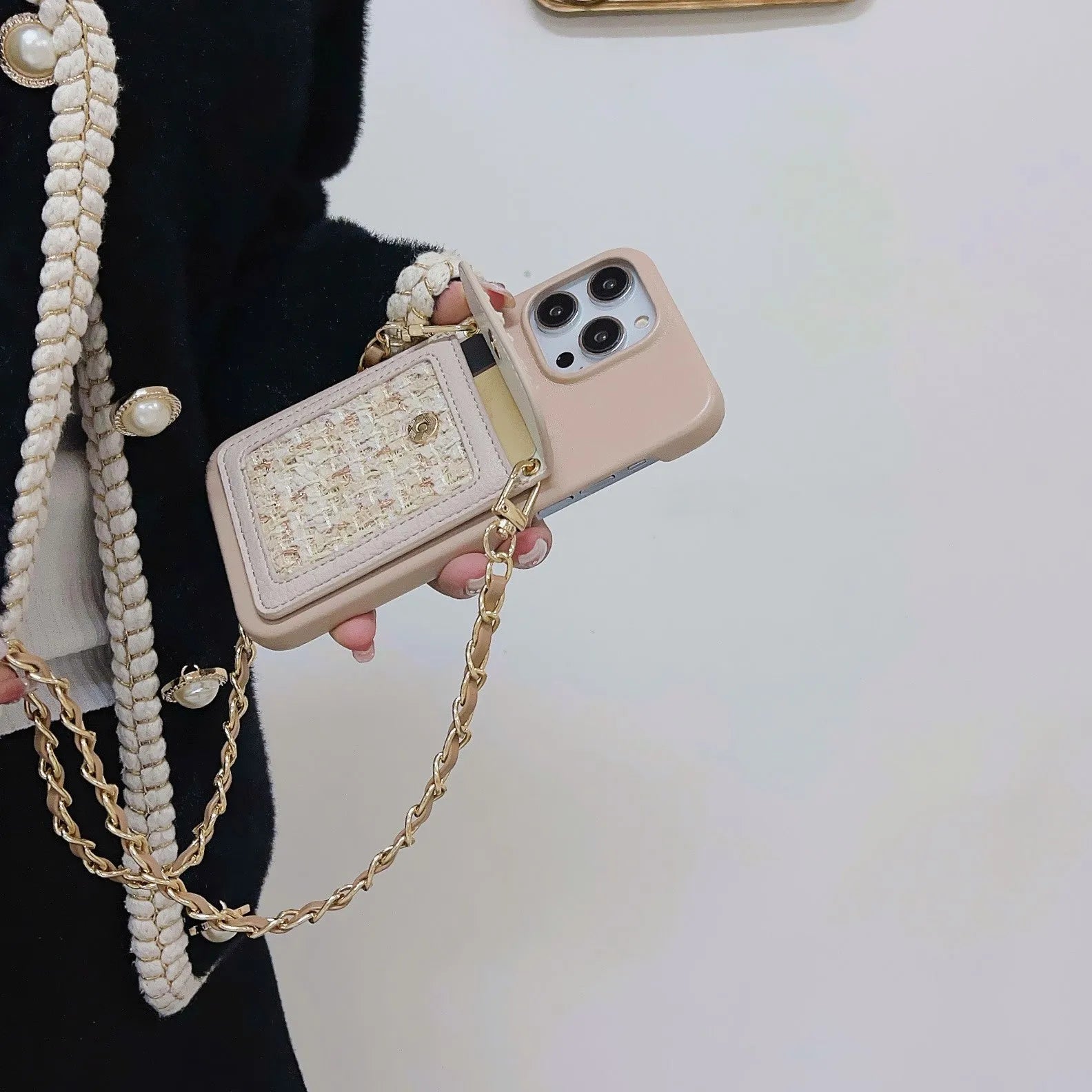 PU leather crossbody phone case with woven chain strap and card holder for iPhone