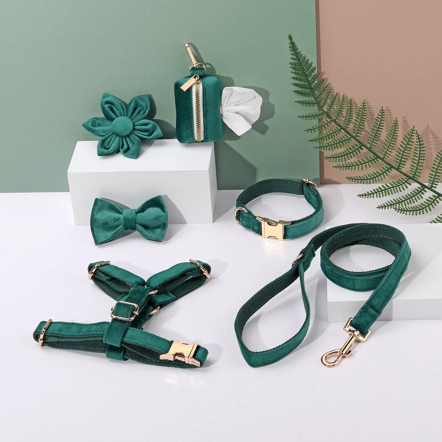 Classic velvet soft pet collar traction rope set with matching harness and accessories in multiple colour options