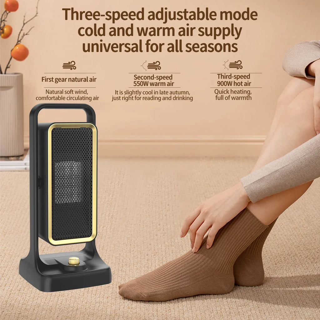 Black PTC ceramic desktop heater with control knob and compact design for room heating