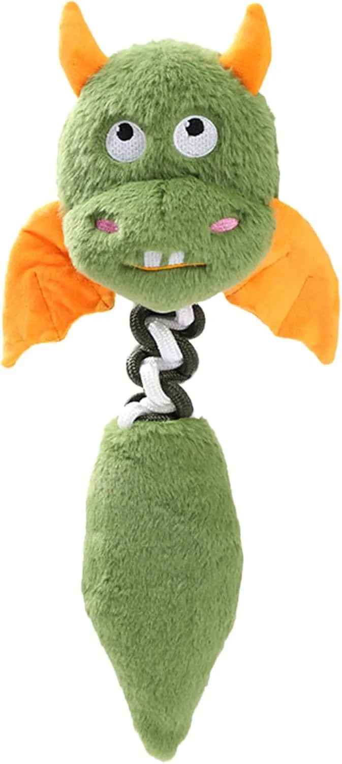Large plush dog toy in red with cartoon design, featuring a rope knot and suitable for aggressive chewers