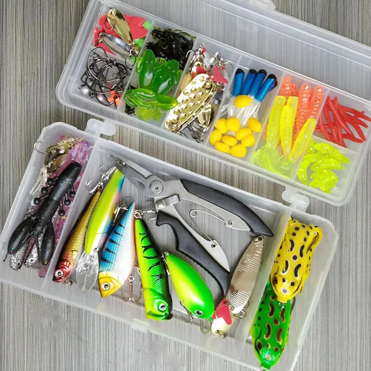 142-piece fishing lure set with hard mino baits, sequins, hooks, and fishing pliers arranged together