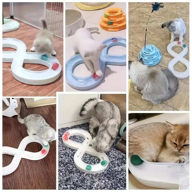 Blue rotating cat turntable toy with track ball and teasing stick measuring 50cm long