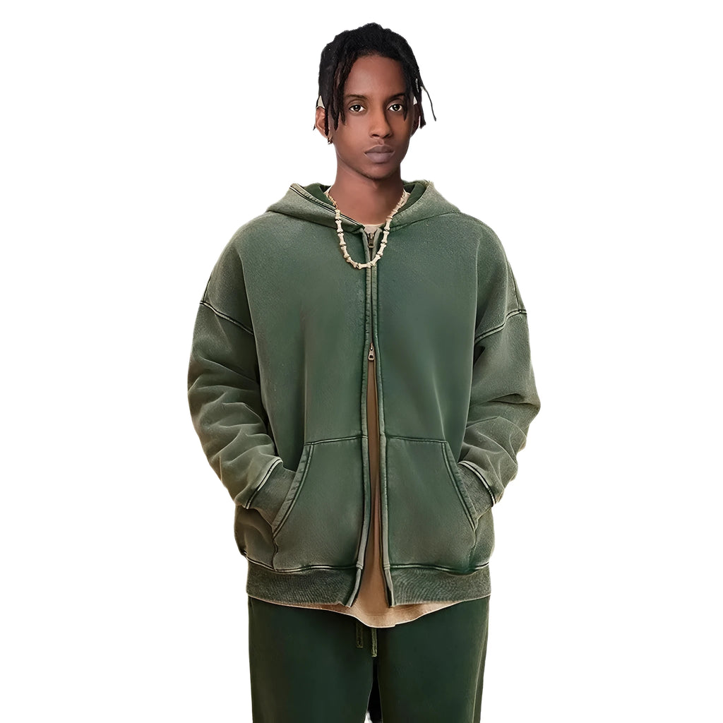 Men's vintage wash cotton hooded cardigan with fleece lining and a double front zipper.