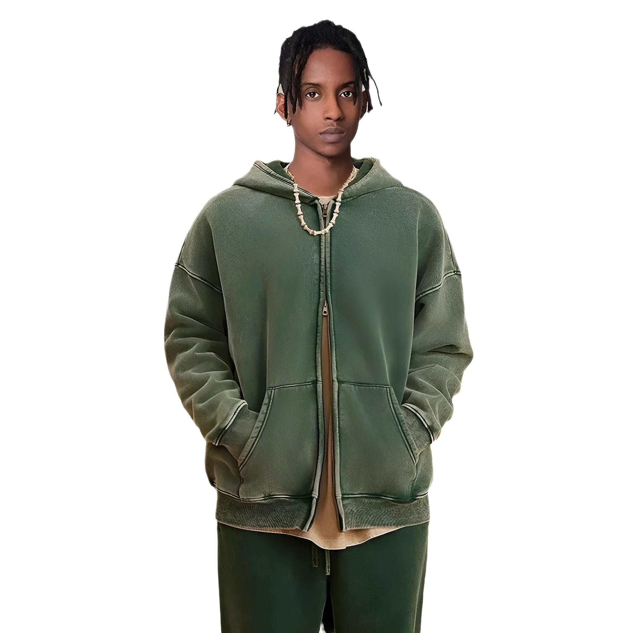 Men's vintage wash cotton hooded cardigan with fleece lining and a double front zipper.