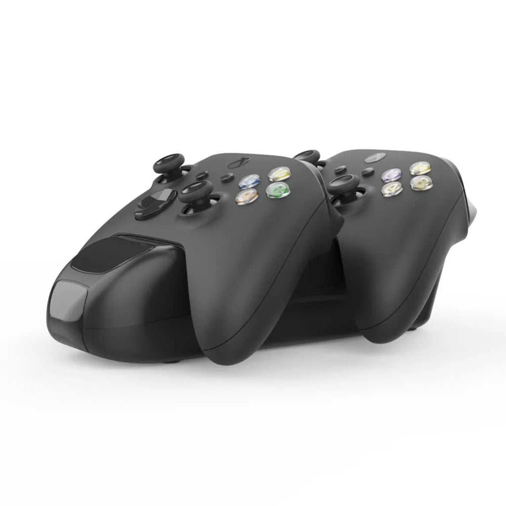 Black Xbox SX dual controller charging station with two controllers docked and LED lights visible