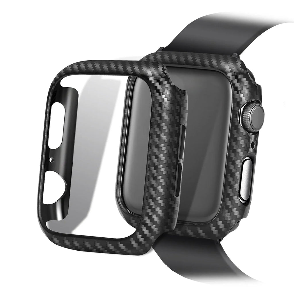 Carbon fibre and leather Apple Watch strap with patterned PC case in red, black, blue, and orange.
