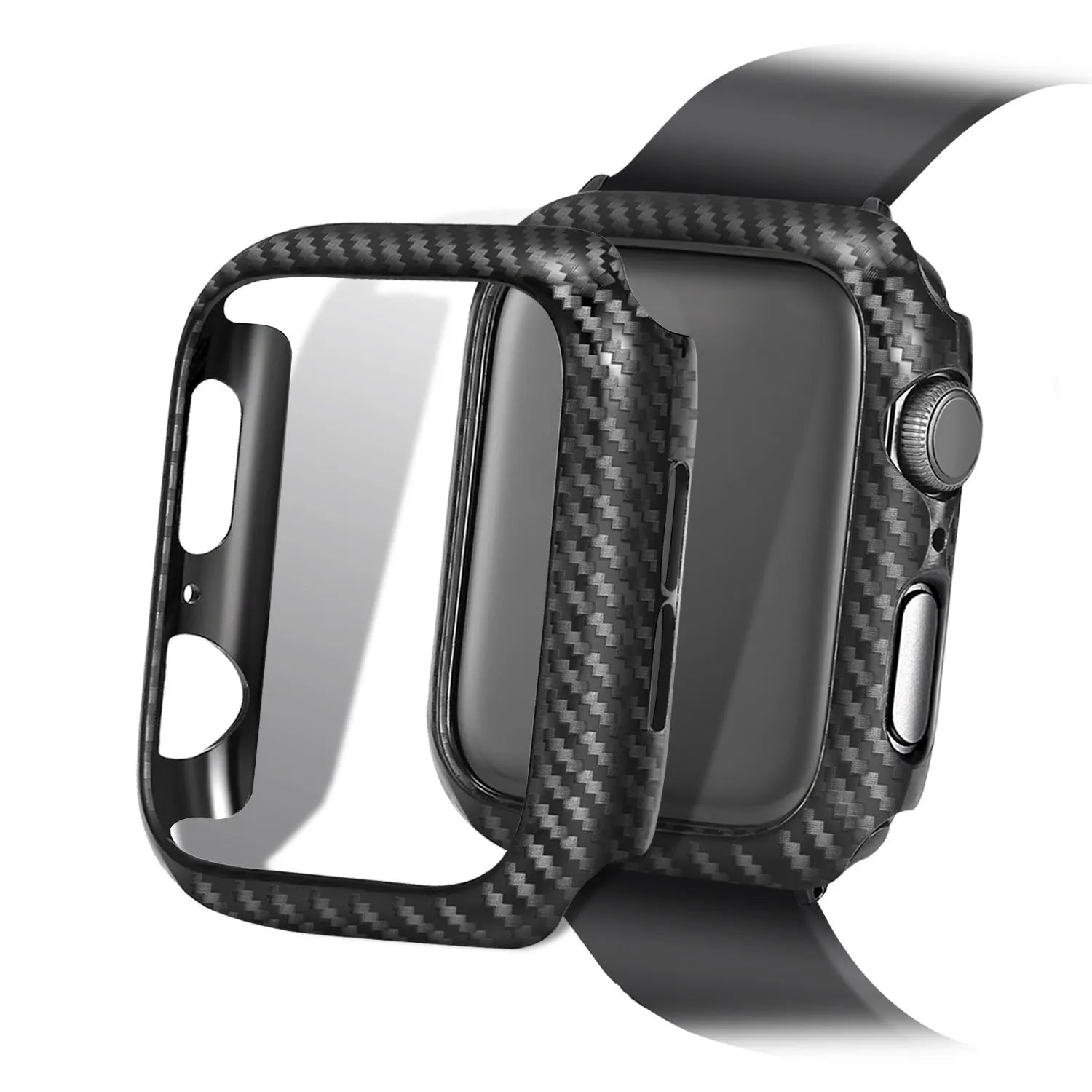 Carbon fibre and leather Apple Watch strap with patterned PC case in red, black, blue, and orange.