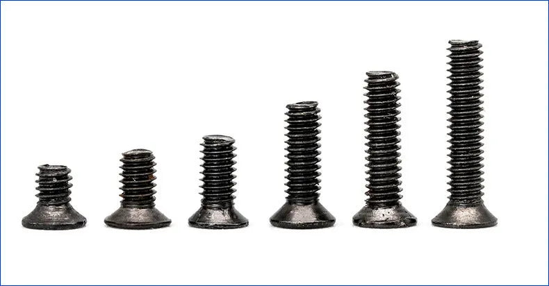 Laptop repair screw set showing black countersunk head machine screws in a box, available in 450, 650, or 720 pieces.