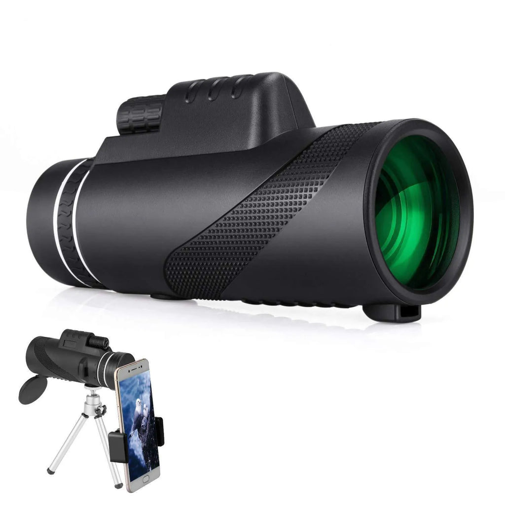 Black HD 40x60 smartphone monocular telescope with 60mm objective lens shown next to a mobile phone.