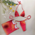 Solid colour tie-dye gradient halter bikini three-piece swimsuit set with top, pants, and skirt.