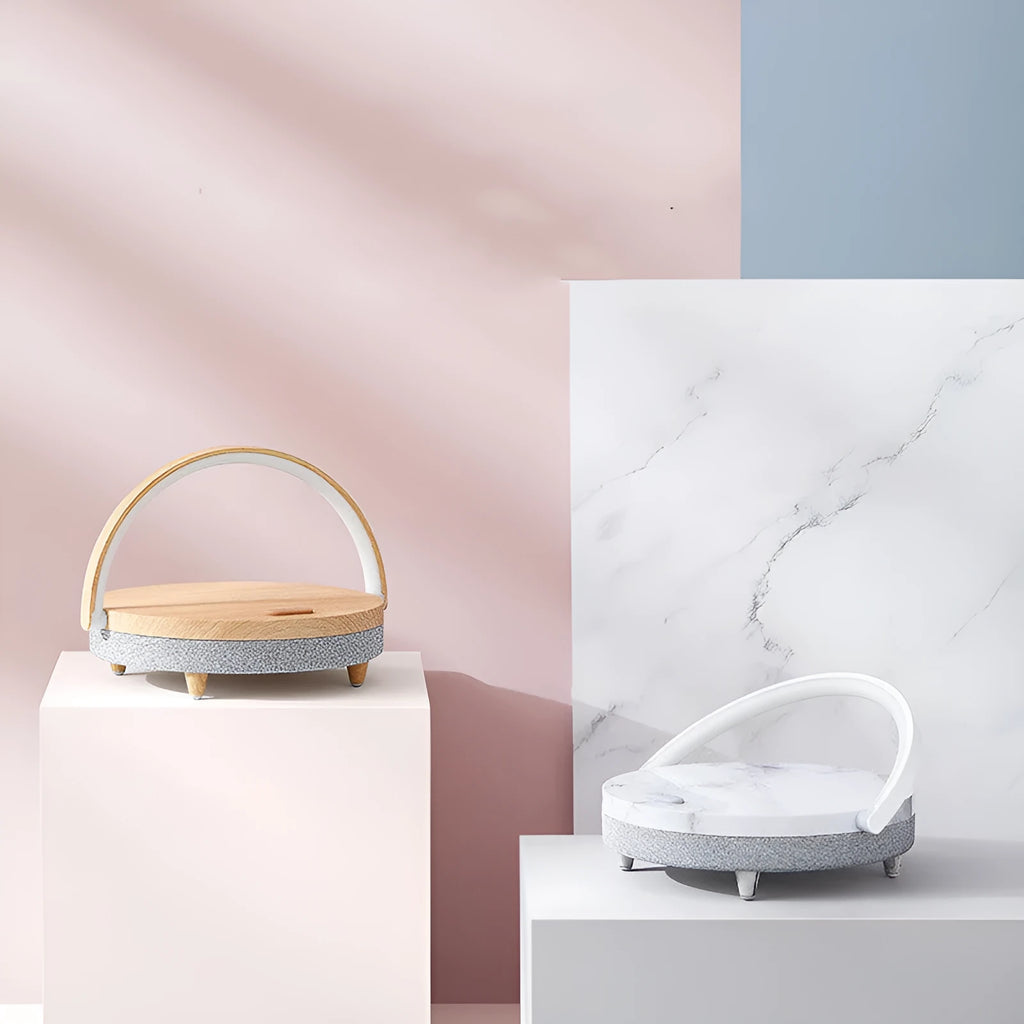 Wireless charging LED night light with Bluetooth speaker and mobile phone holder in marble pattern finish