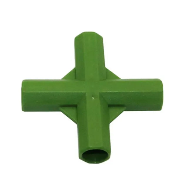 Two white plastic garden connectors, a three-way and a four-way joint, for 11mm plant support poles.