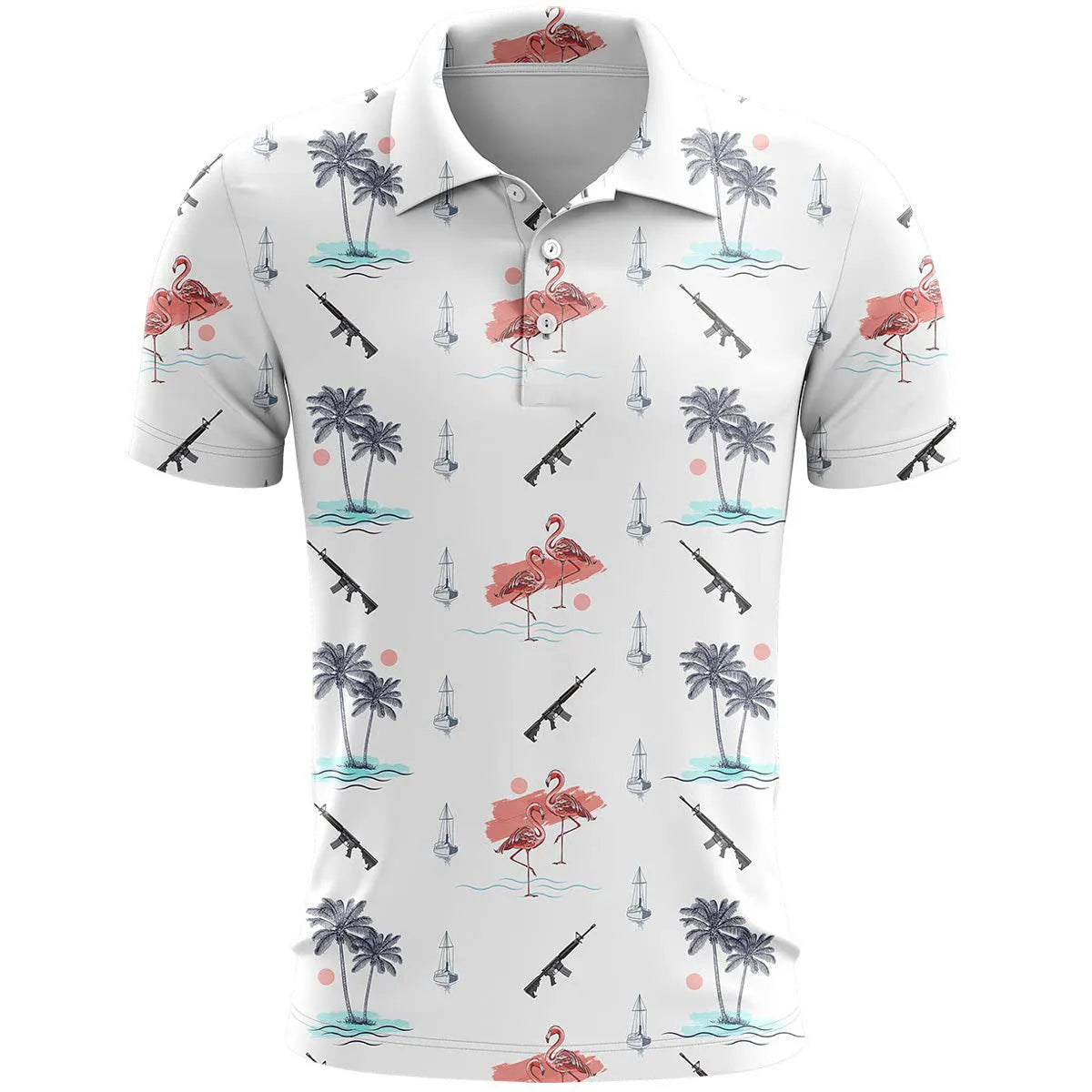 3D printed pattern sports short sleeve loose fit top in bird eye polyester fabric on a hanger.