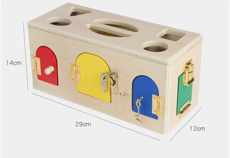 Wooden shape sorter lock box with 12 eco-friendly non-toxic pieces for preschool learning