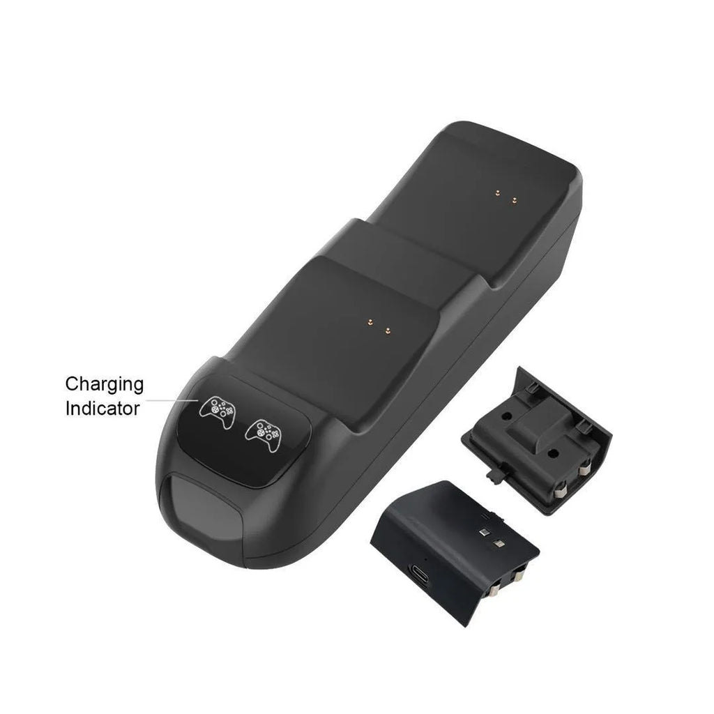 Black Xbox SX dual controller charging station with two controllers docked and LED lights visible