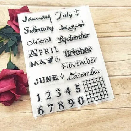 Transparent silicone calendar seal stamp with vintage digital table design for craft projects