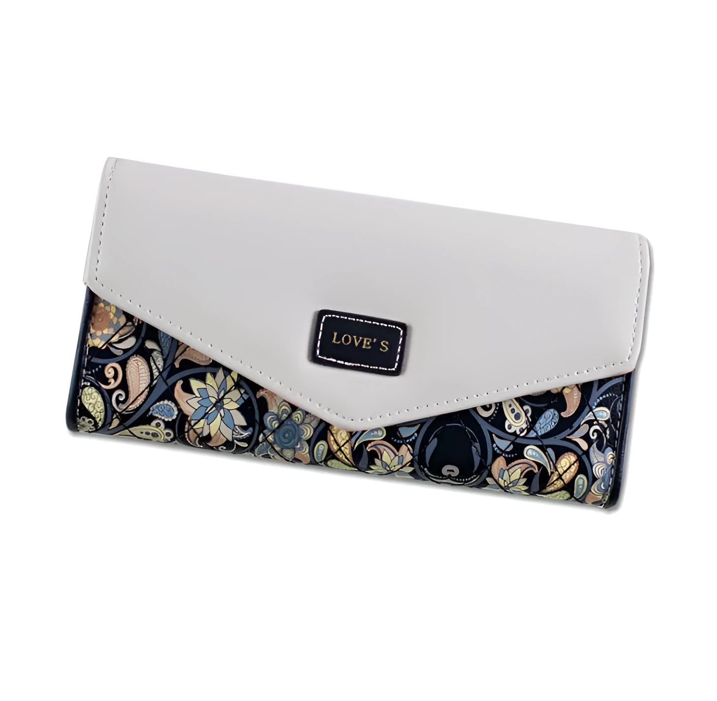 Women's black trifold leather wallet with buckle clip closure showing card slots and coin compartment