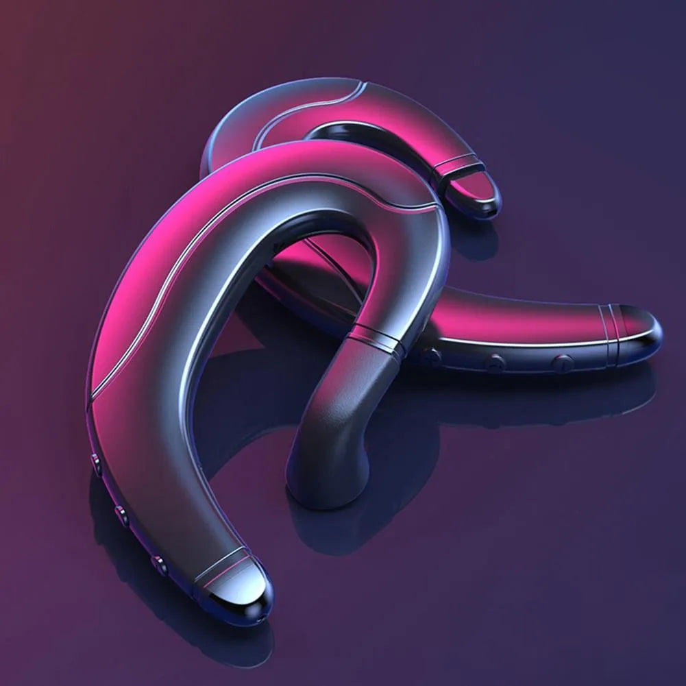 Single-ear Bluetooth earphone mounted on ear with open design, shown in black, blue, and red colour options.