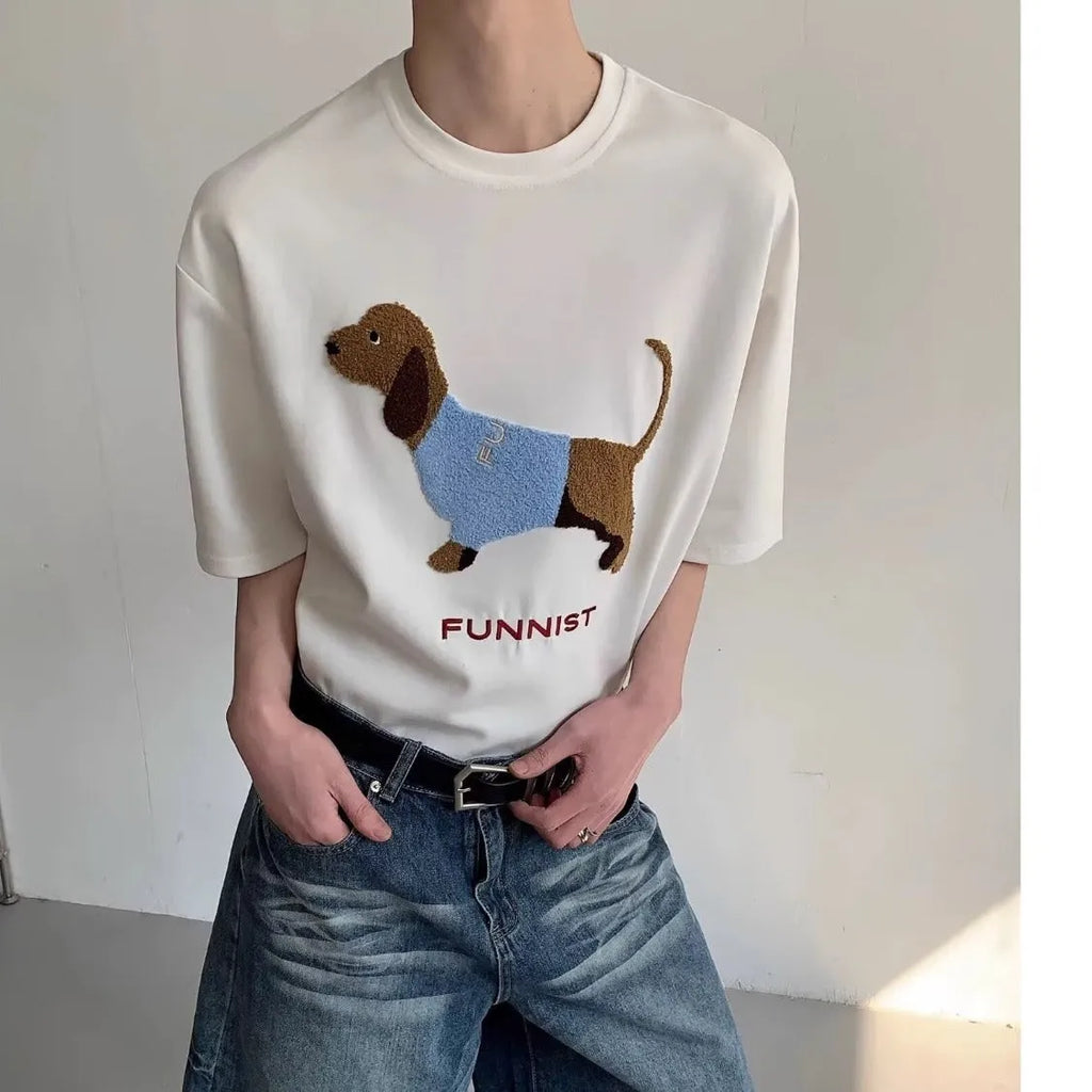 Men's grey t-shirt with embroidered sausage dog design on chest, round neck, short sleeves.