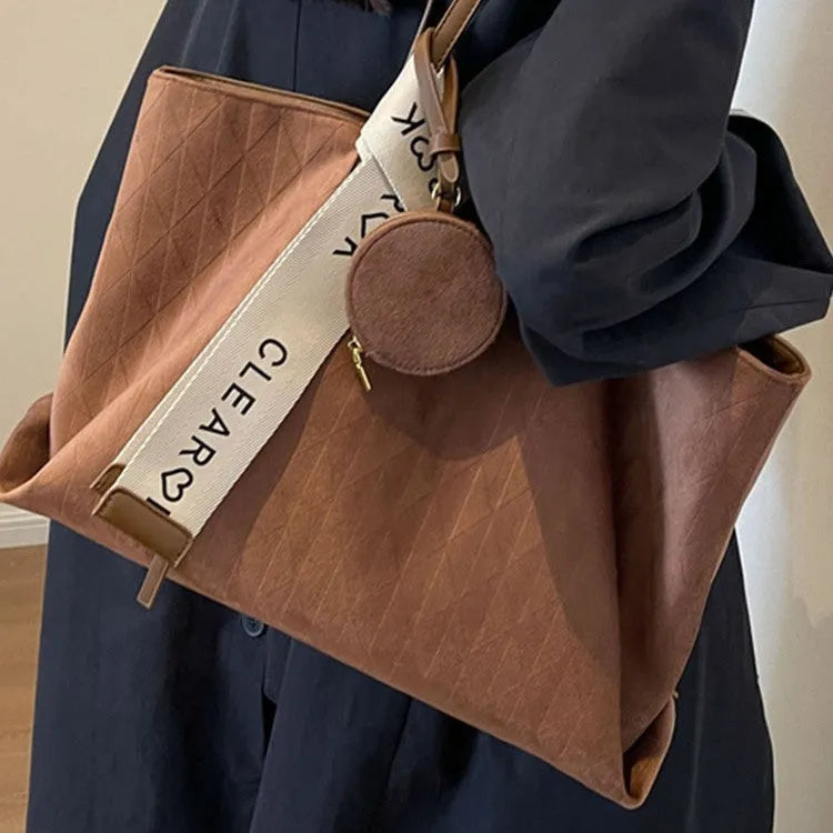 Large capacity soft polyester shoulder tote bag in horizontal square shape with sandwich pockets