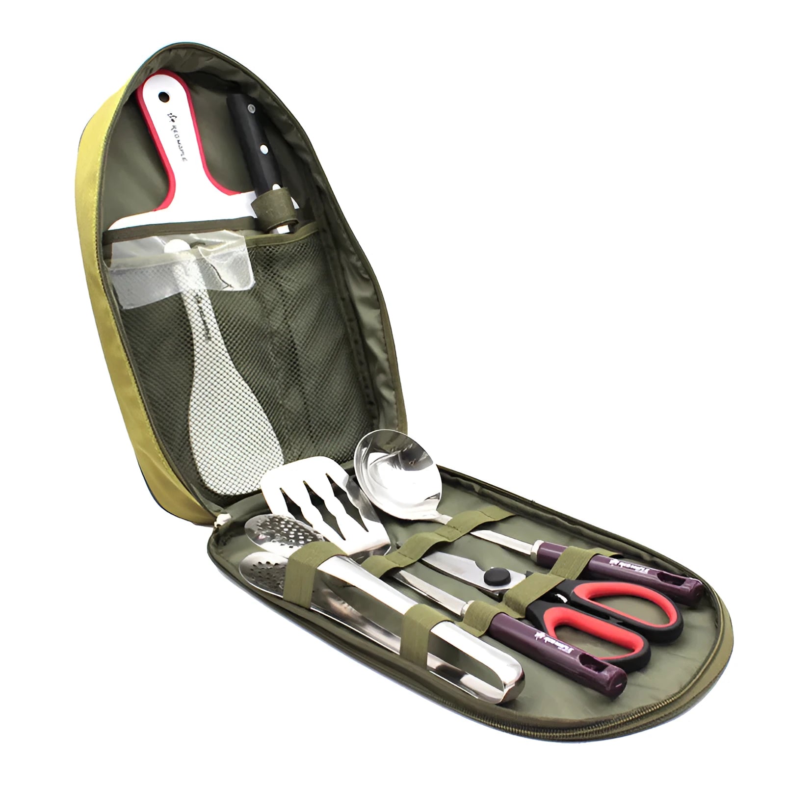 Camp kitchen cooking utensil set 8 pieces stainless steel with oxford storage bag on green background