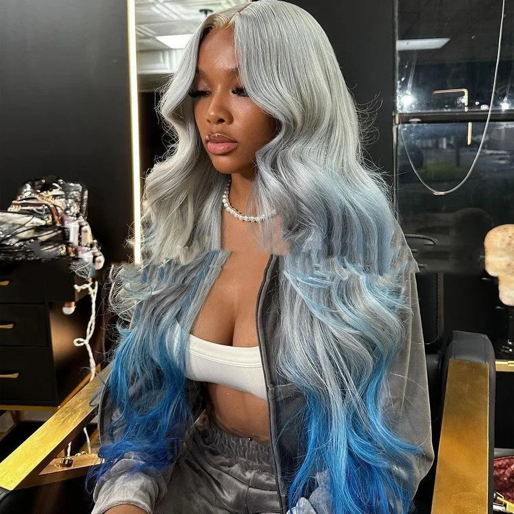 Grey blue gradient human hair headgear with 4x4 lace front in Ruili style